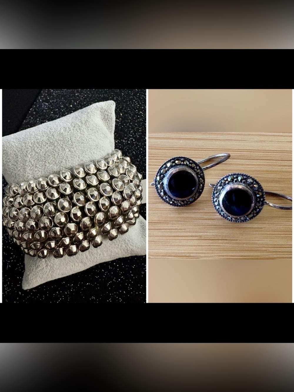 SET: Silver Multi-Row Beaded Stretch Bracelet & Vintage Black Stone Earrings